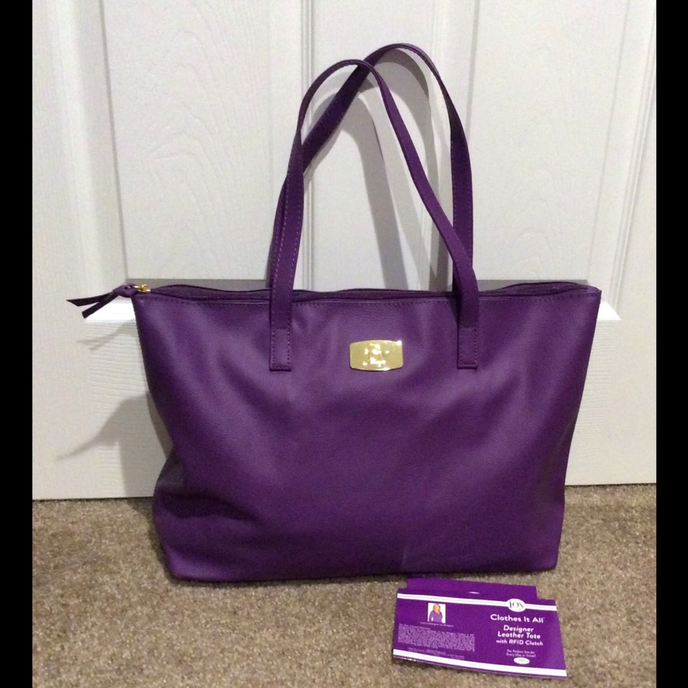 JOY Mangano Purple Leather Tote RFID Clutch NWOT
